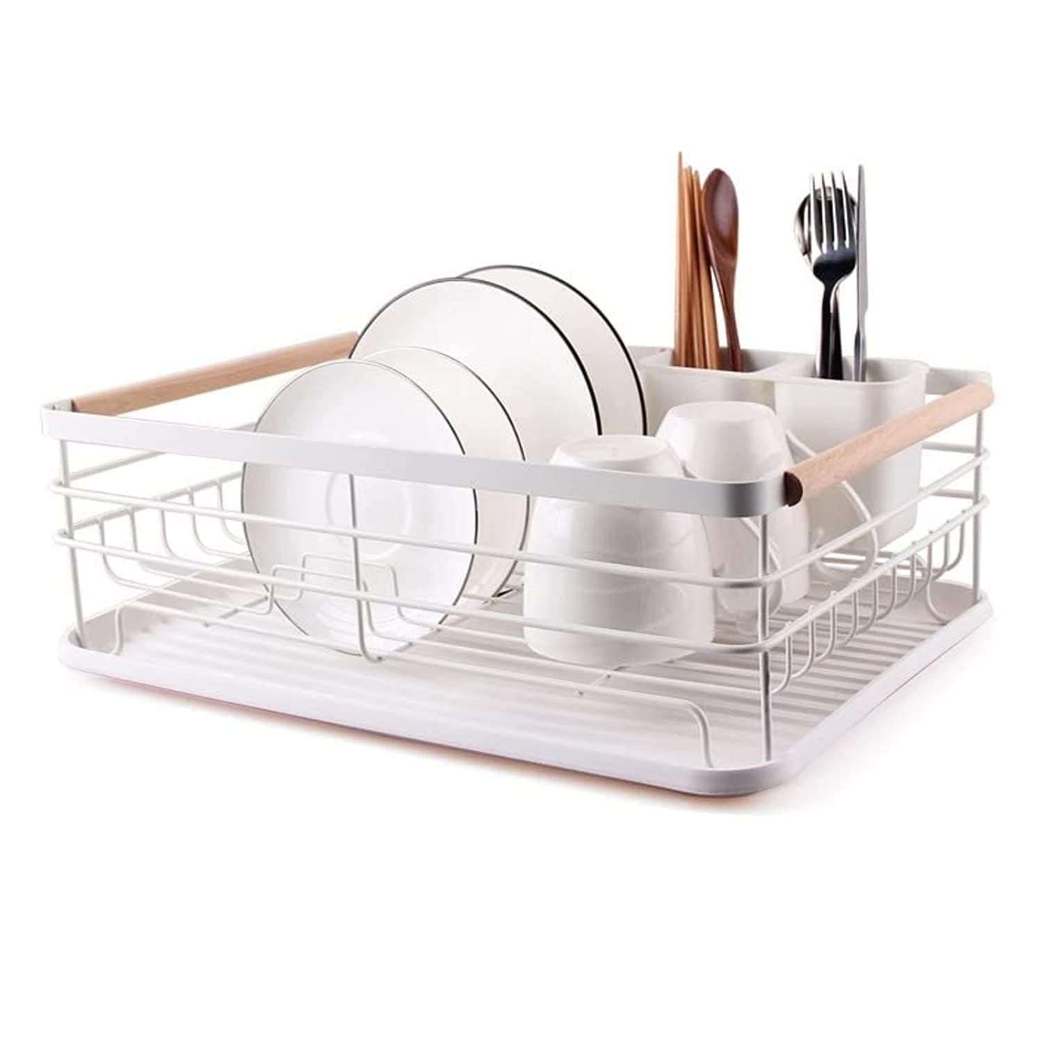 NW Dish Drying Rack for Kitchen Counter - Modern Wood Handle Dish Rack with Drain Board & Utensil Holder, Compact Cutlery Dish Drainer Rustproof