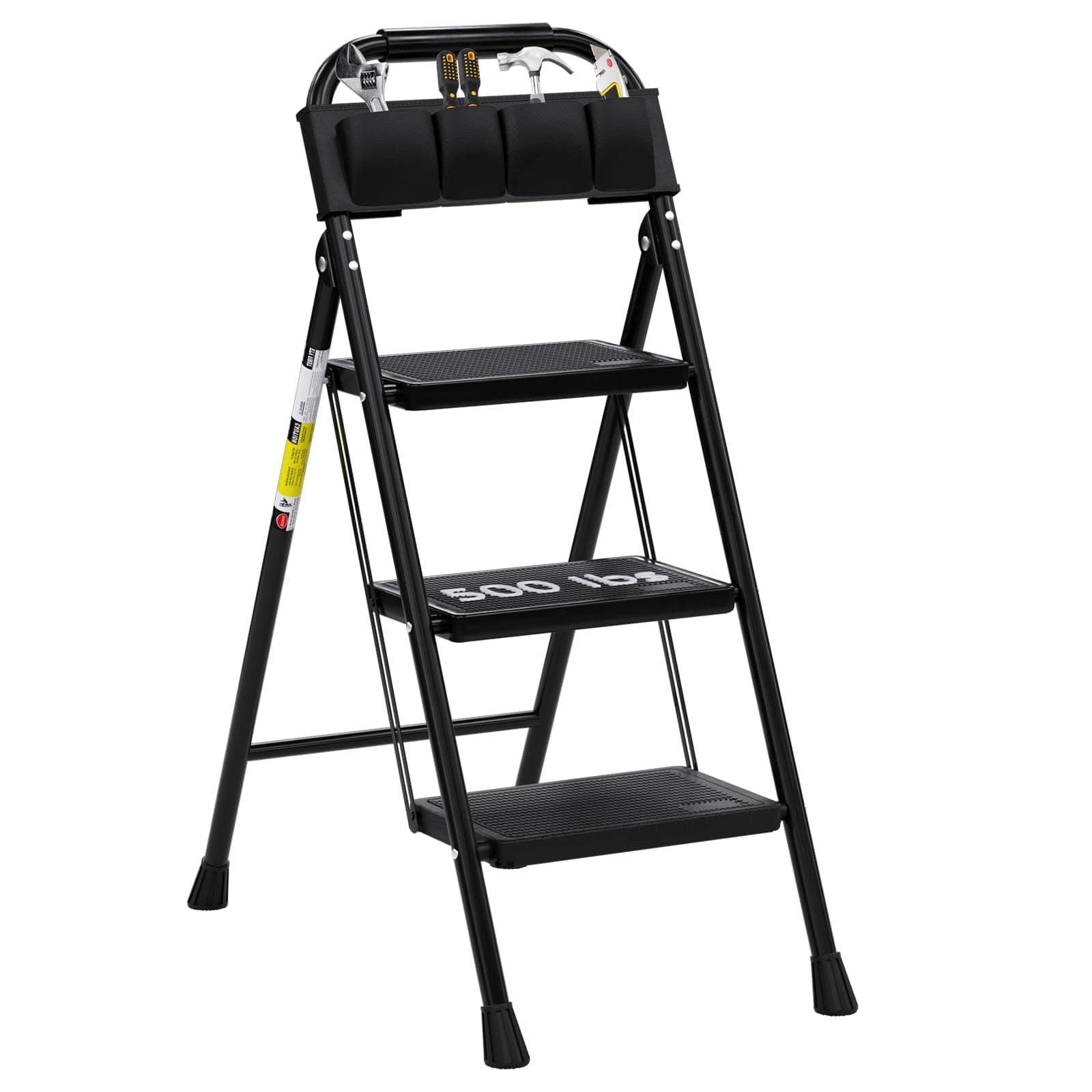 3 Step Ladder EFFIELER Folding Step Stool with Wide Anti-Slip Pedal, 500 lbs Sturdy Steel Ladder, Convenient Handgrip, Lightweight, Portable Steel Step Stool for Household, Kitchen (Matte Black)