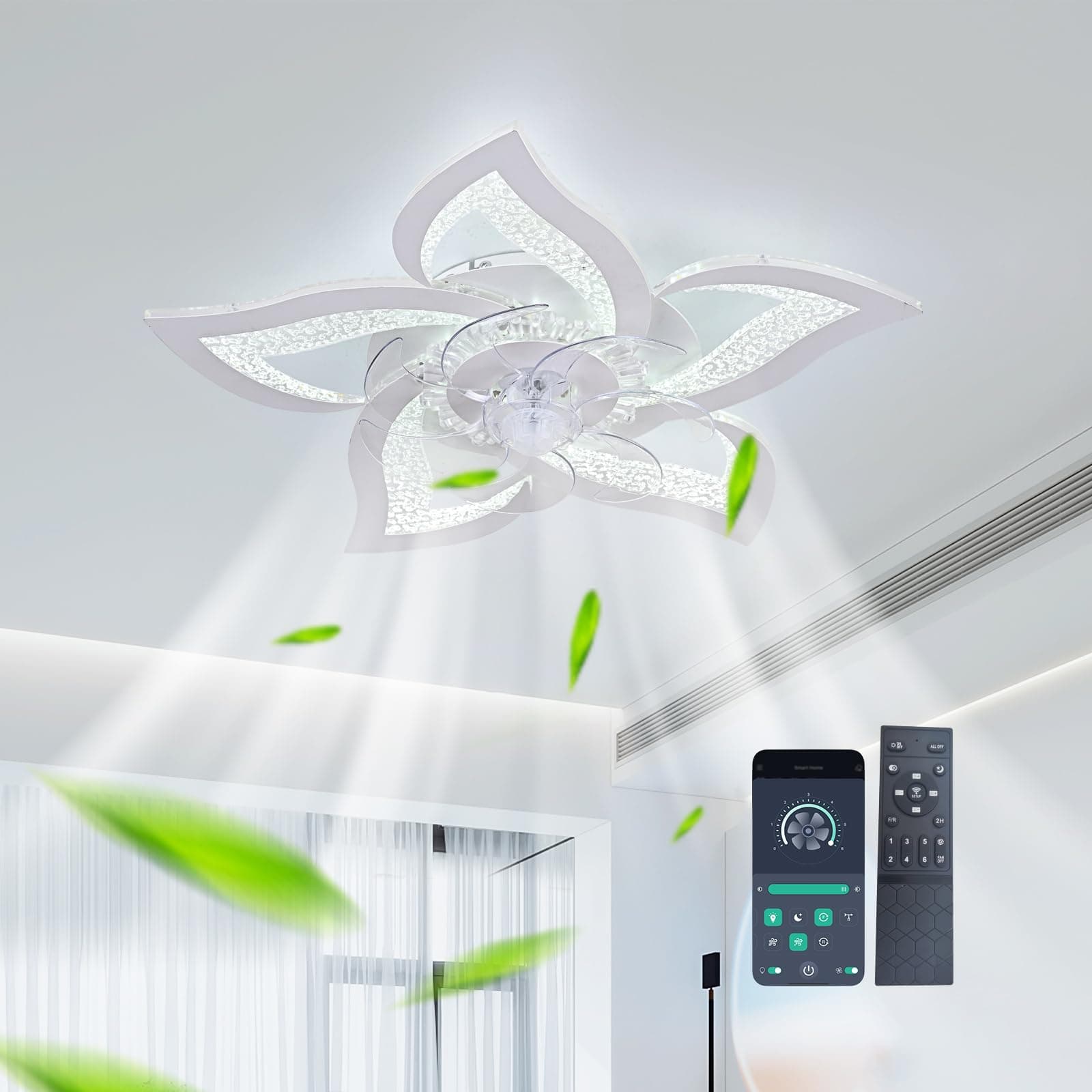 GEADI Modern Low Profile Ceiling Fan with Lights Dimmable LED Ceiling Fans with Remote Control Flower Shape Ceiling Lamp for Bedroom Living Room Dining Room,Ceiling Lighting Fixture 6 Speeds