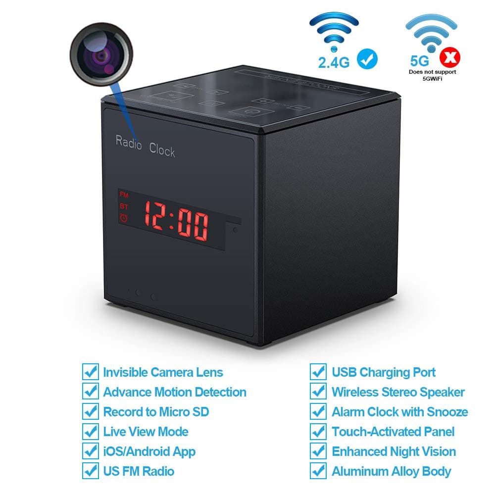 Hidden Camera Wi-Fi,Hidden Security Camera Wireless Speaker,1080P Nanny Cam with Motion Detect,Night Vision,Touch-Activated Control,FM Radio,Wireless Spycam with Phone App for Home and Office