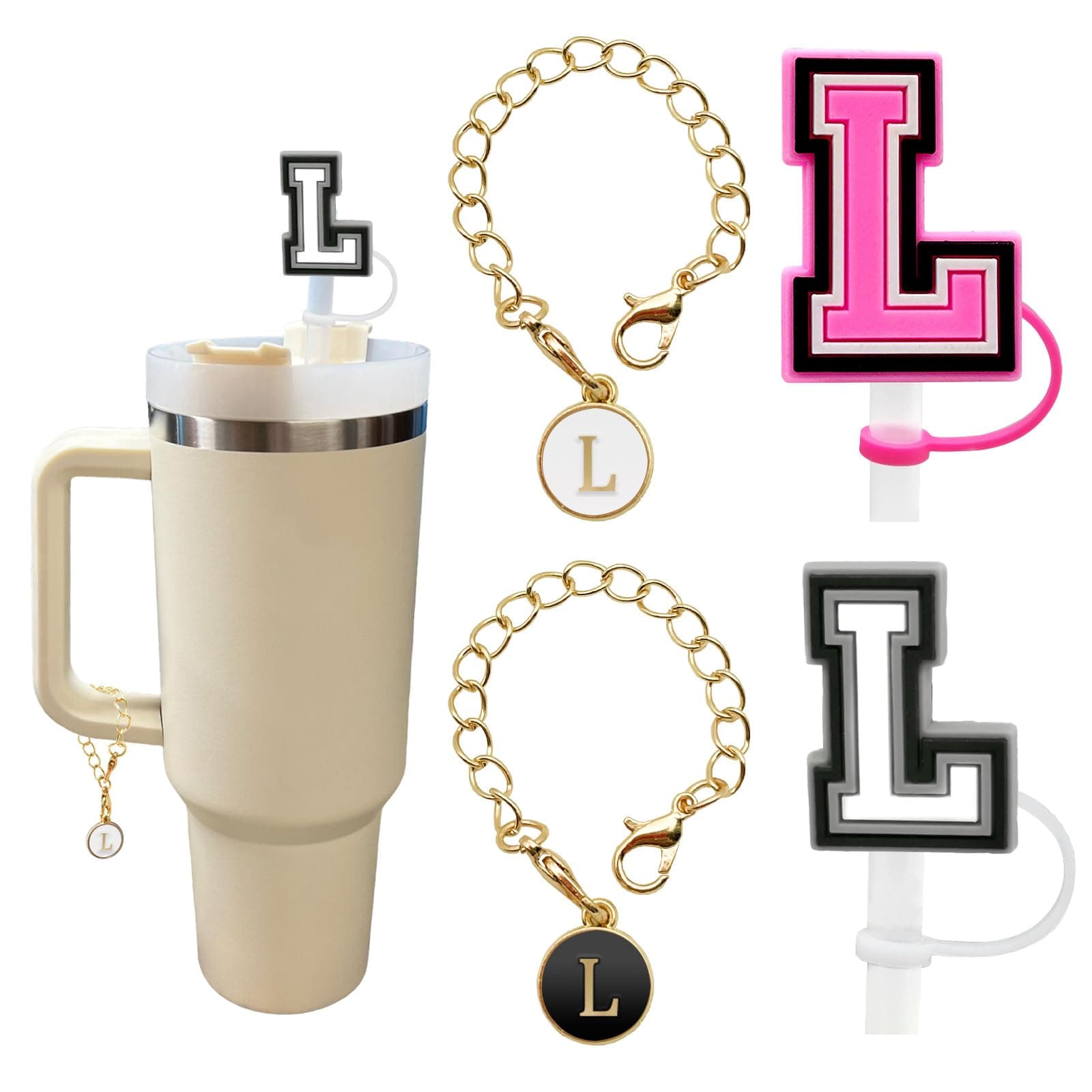 （2+2）2PCS Straw Cover for Stanley Cup 30&40 Oz 10mm Straw Topper with 2PCS Stanley Cup Accessories Letter Charms Name ID Initial Letter Handle Personalized Charm For Stanley Tumbler (Letter L)
