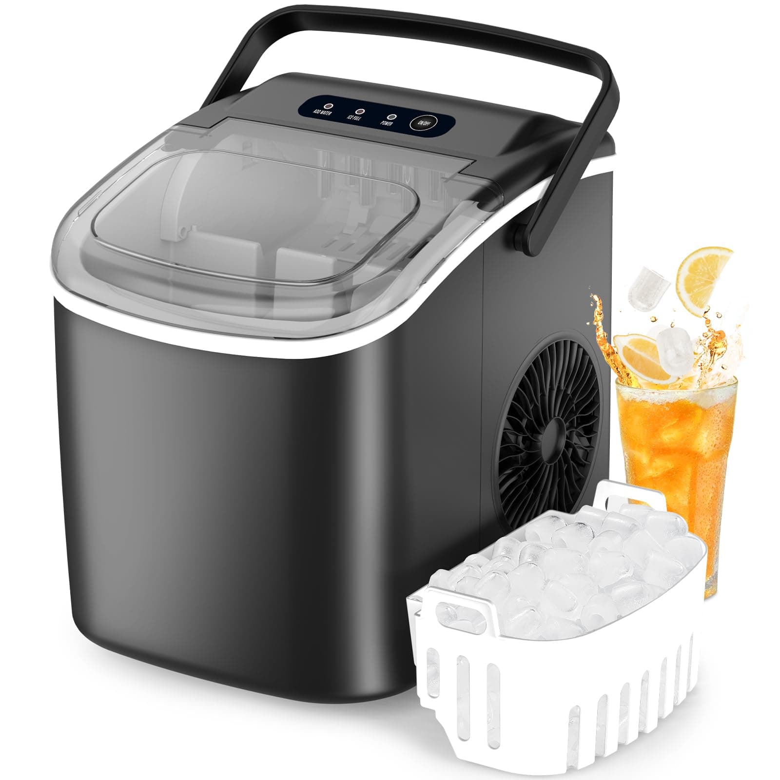 Ice Makers Countertop, Compact Size with Handle 26lbs in 24Hrs, Auto-Cleaning Portable Ice Machine with Basket and Scoop, 9 Ice Cubes Ready in 8 Mins, Ice Maker Quiet Operation for Home, Camping