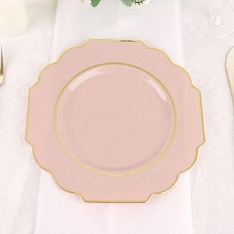 Efavormart 10 Pack | 8" Blush/Rose Gold Hard Plastic Dessert Appetizer Plates, Disposable Tableware, Baroque Heavy Duty Salad Plates with Gold Rim