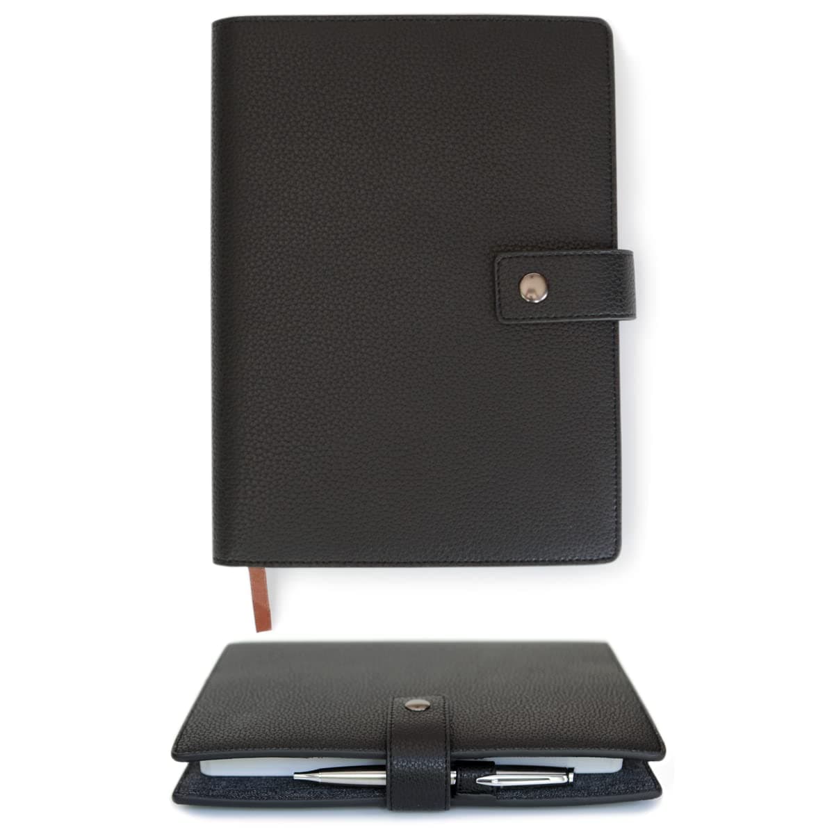 CASE ELEGANCE Black Full Grain Premium Leather Refillable Journal Cover with A5 Lined Notebook - Scratch-Proof DURA-Leather