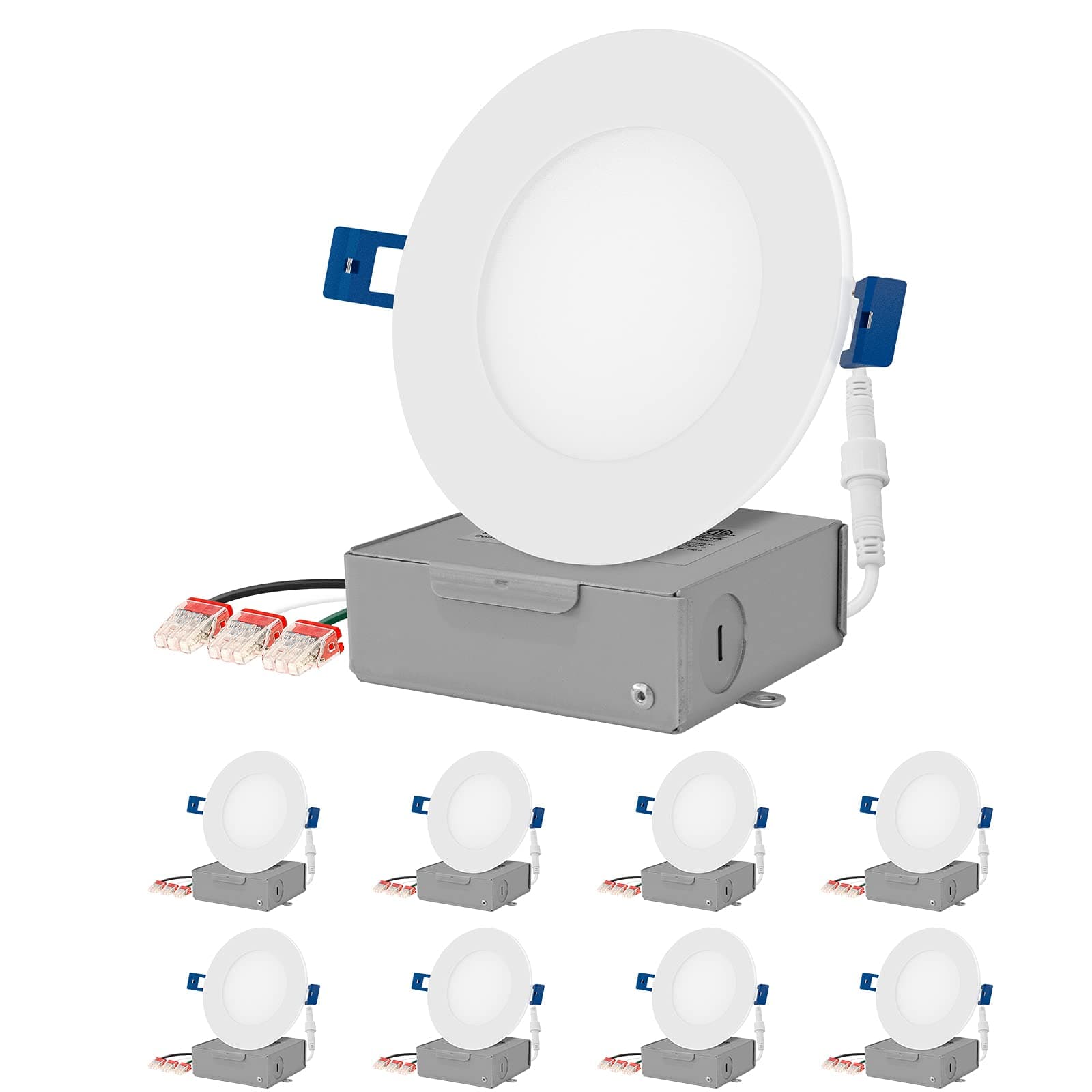 LED 8 Packs 4 Inch Recessed Low Profile Slim Panel Light with Junction Box, Air Tight, 120VAC, 9W, 550 Lumens, 3000K Warm White, CRI80+, Dimmable, ETL Listed