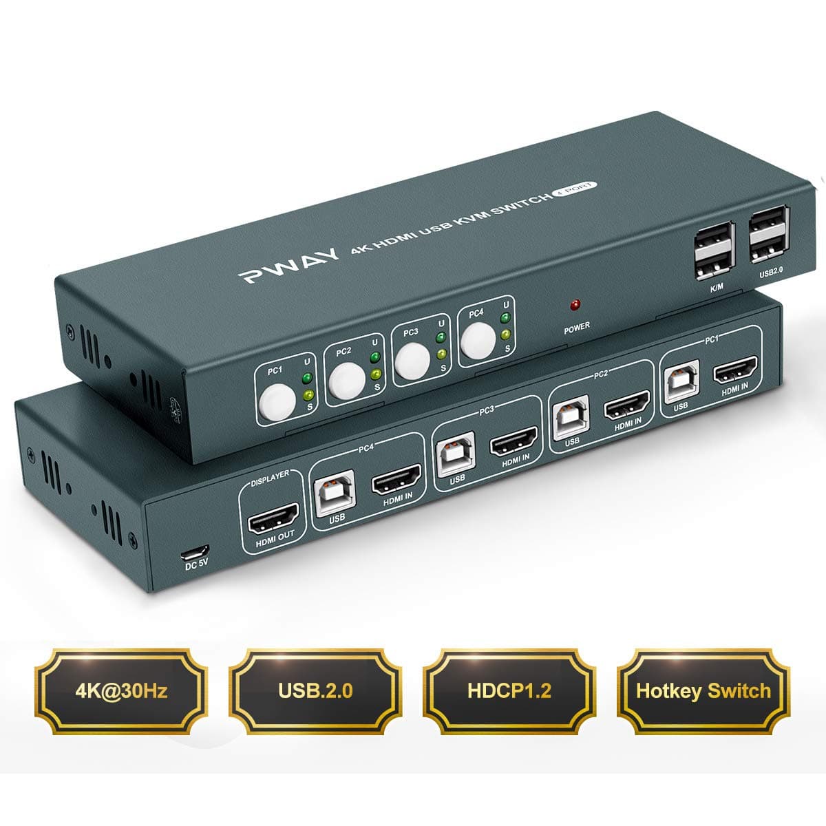 KVM Switch HDMI 4 Port Box,Support UHD 4K@30Hz & 3D & 1080P Switch,HDCP 1.2 Standard,with USB and HDMI Cables