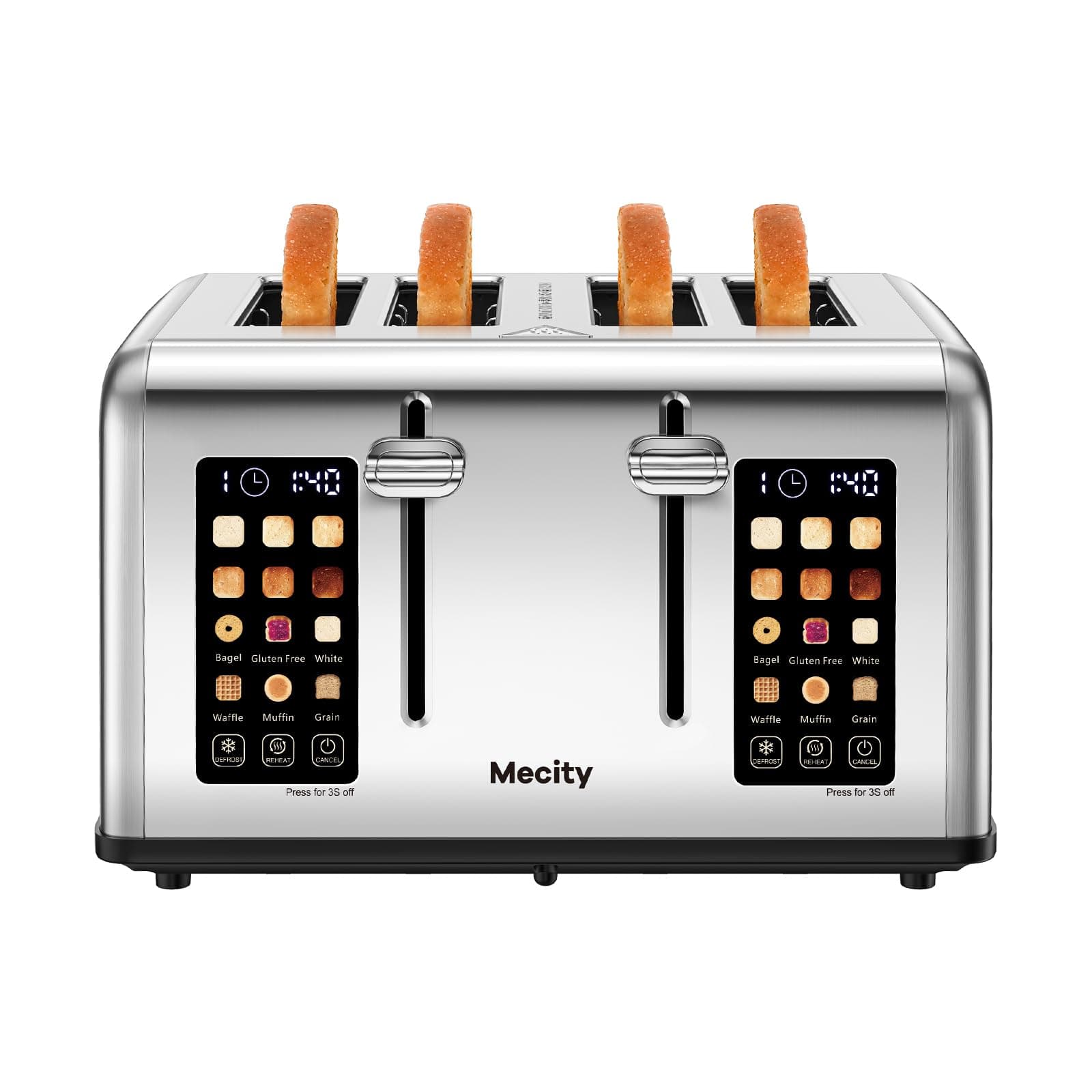 Mecity 4 Slice Toaster with Touch Screen Control, 4 Wide Slots, Stainless Steel Smart Bread Toaster for Bagels, Muffins, Waffles, Dual Control Panel, Timer, Defrost, Reheat, 120V 1650W