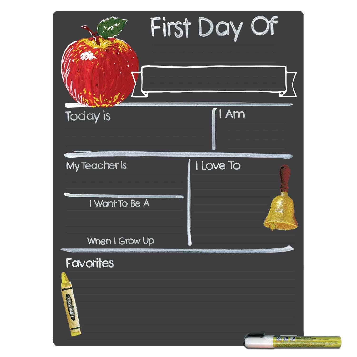 Cohas First Day of School Milestone Board with Basic Designs and Reusable Chalkboard Style Surface, 15 by 20 Inches, White Marker