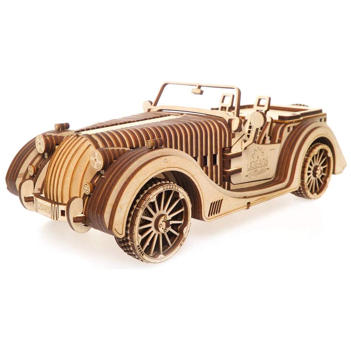 Ugears Roadster VM-01 3D Puzzle - 3D-Puzzle Vintage Car Wooden Model Kits for Adults to Build - Mechanical Building Set - 3D Wooden Puzzles for Adults with Working V8 Engine - 437 Pcs