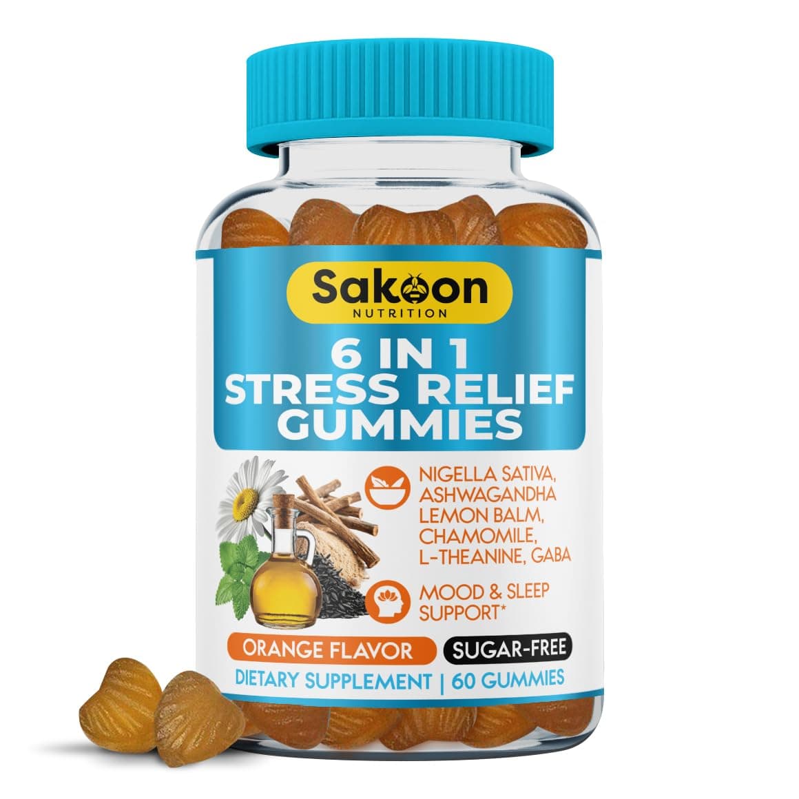6-in-1 Stress Relief Gummies 60ct - Aids Relaxation with Ashwagandha, GABA, L...
