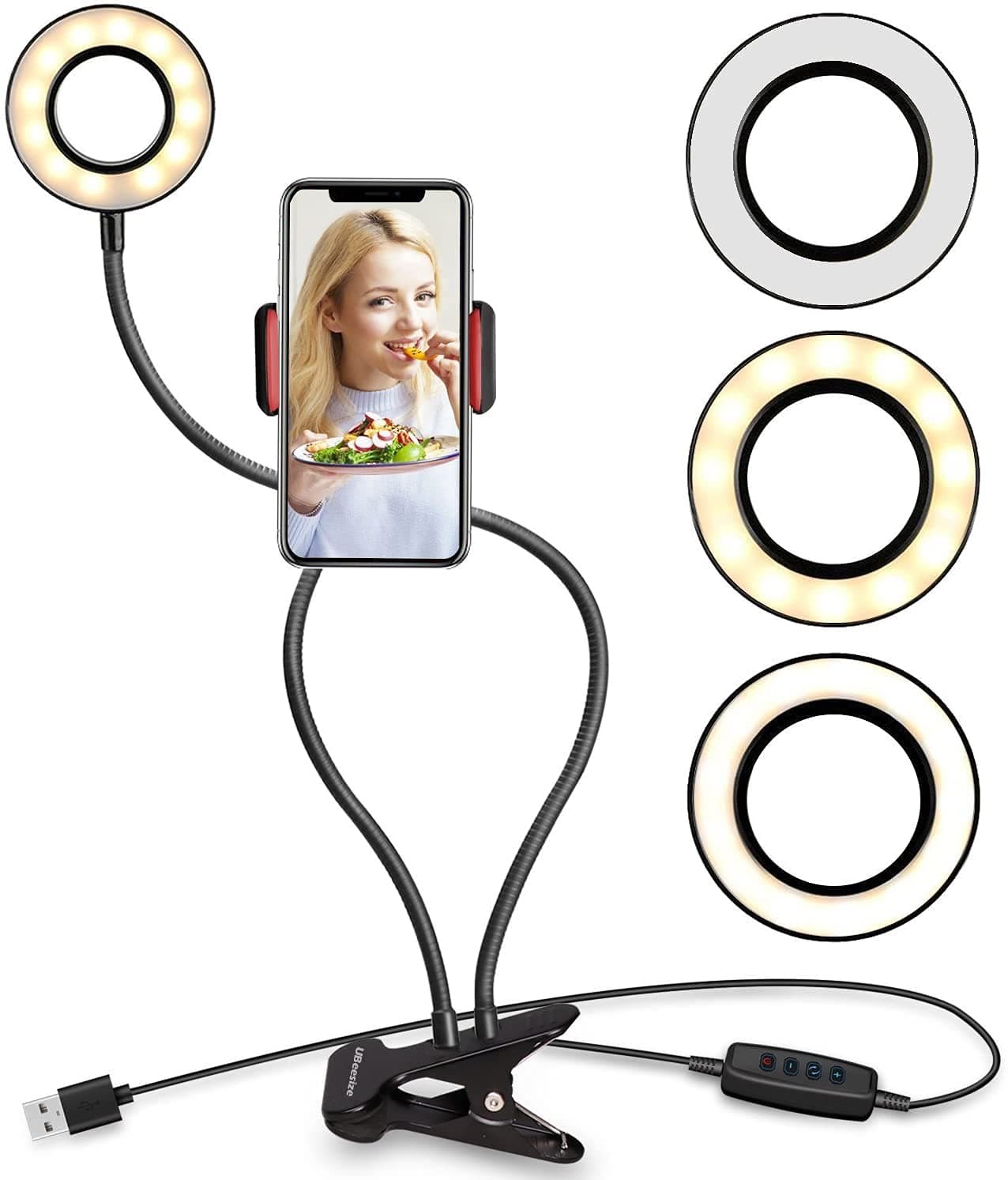 Selfie Ring Light with Cell Phone Holder Stand for Live Stream/Makeup LED Camera Lighting [3-Light Mode] [10-Level Brightness] with Flexible Arms Compatible with iPhone 13 12 11 10 8 Androids