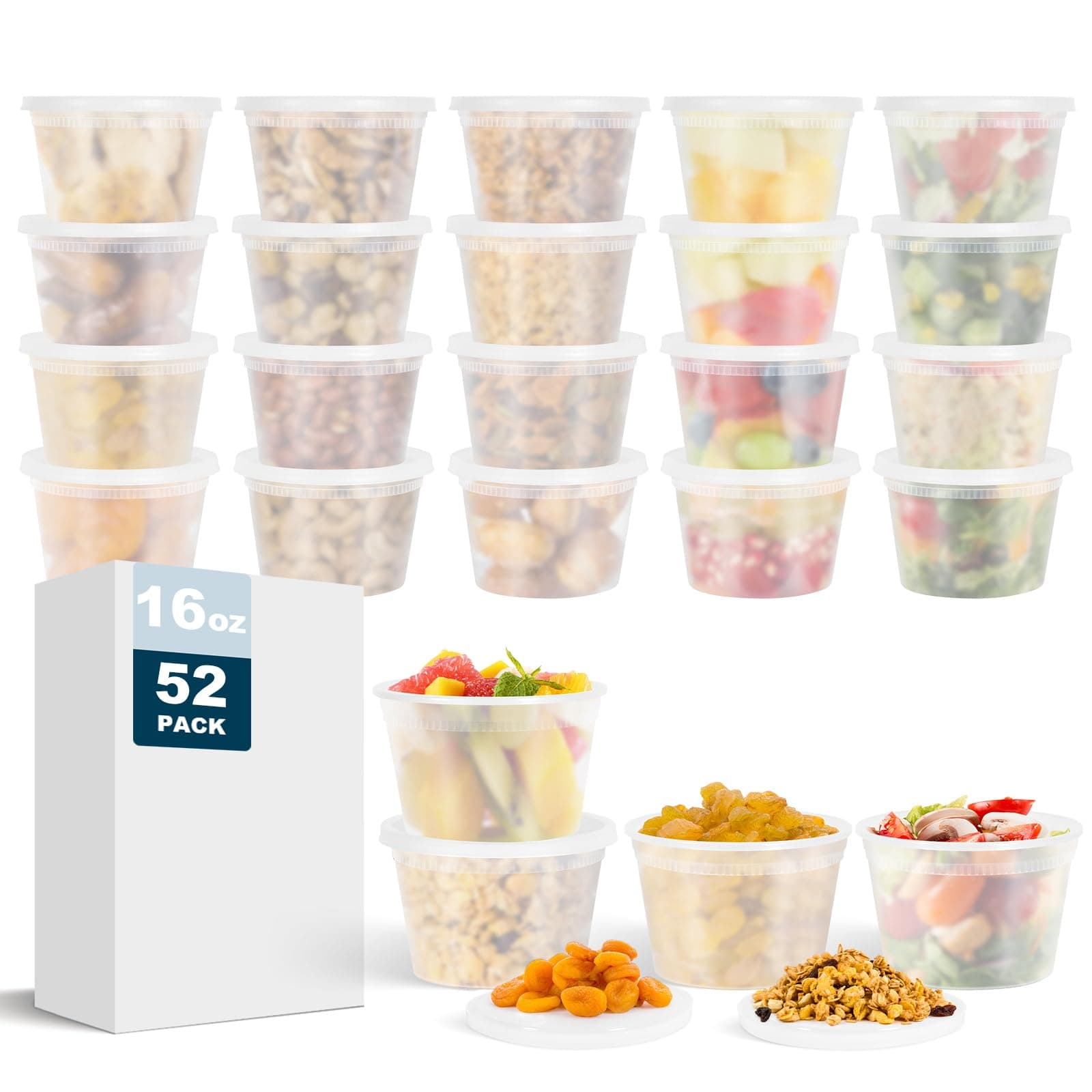 [52 Set - 16 oz.] Plastic Deli Food Storage Containers With Plastic Lids, Food Containers for Soup, Meal Prep, Slime | BPA Free | Stackable | Leak Proof | Microwave | Dishwasher | Freezer Safe