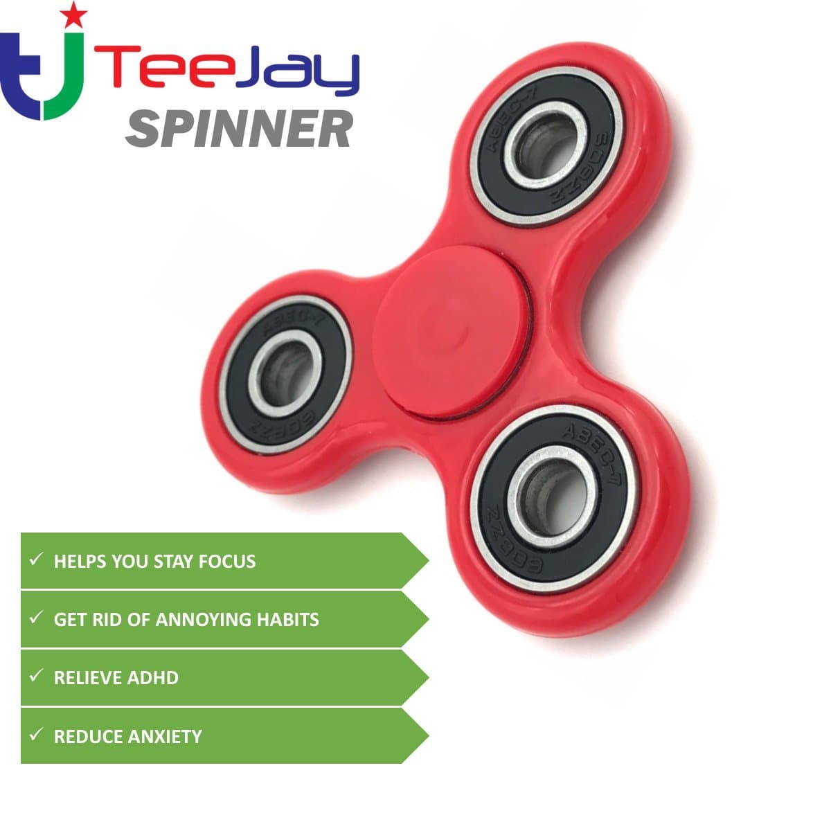 Fidget Spinner by TeeJay - Premium Quality Tri Spinner - Perfect for ADHD EDC ADD Anxiety Autism and Boredom - Super Quite Focus Toy for Kids and Adults