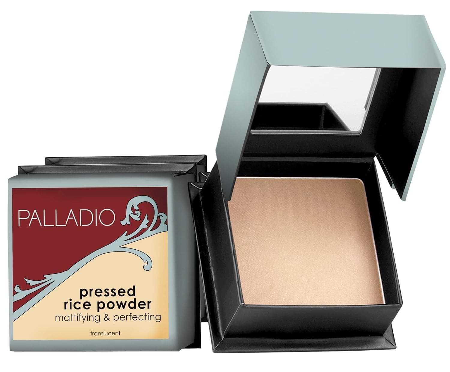 Palladio, Pressed Rice Powder with Mirror Mattifying Makeup Setting that Lasts All Day Instantly Absorbs Oil Works alone or with makeup, Translucent