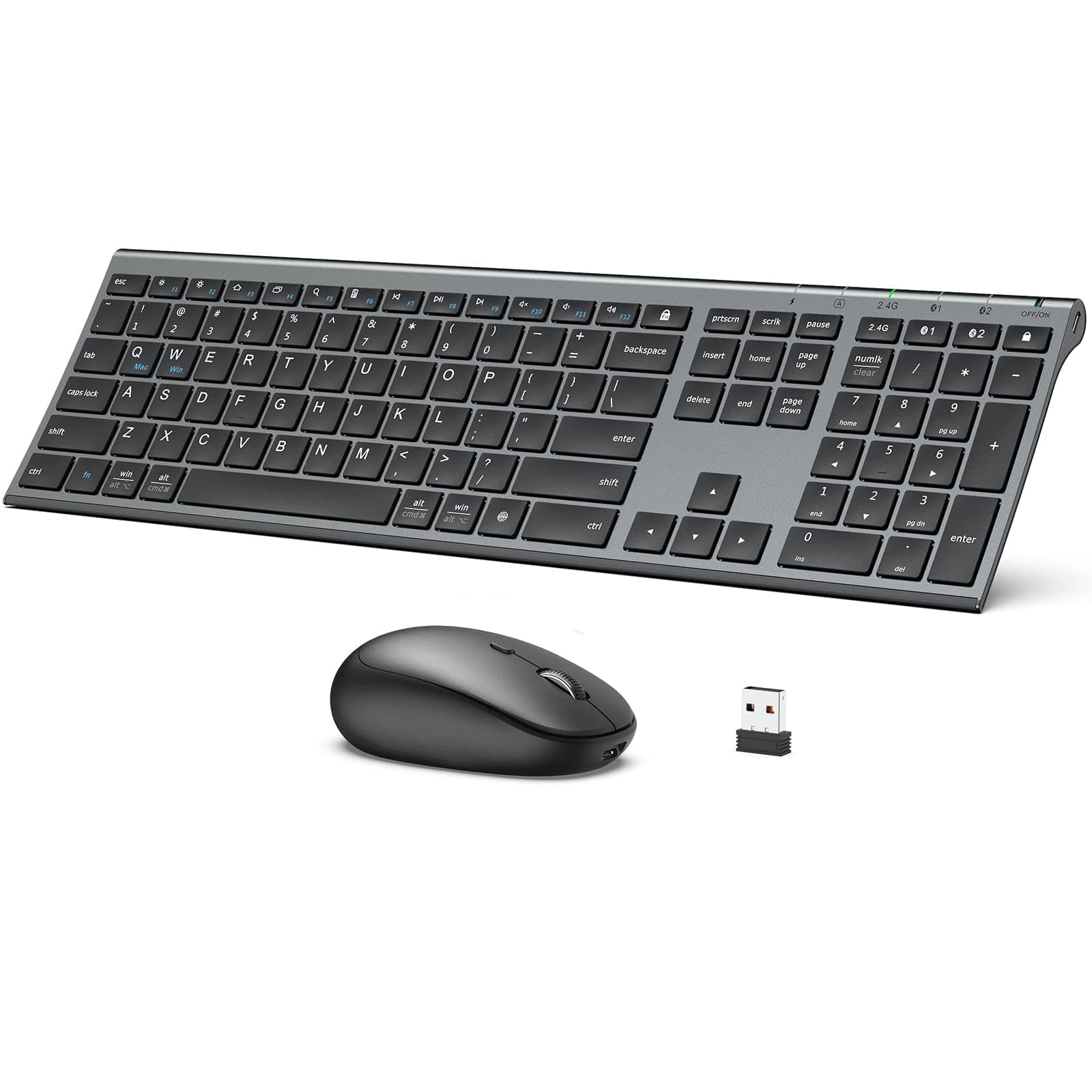 Bluetooth Keyboard and Mouse Set DK03, Rechargeable Dual-Mode (Bluetooth + 2.4G) Wireless Keyboard and Mouse Set, Ultra-Slim Multi-Device Keyboard for Mac, iPad, Apple, Android, Win,Grey Black