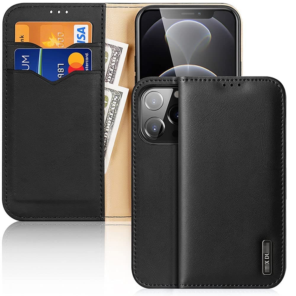 NA Case for iPhone 14 Pro, Luxury [Cowhide Genuine Leather][RFID Blocking] Wallet Case, Flip Case Cover with [Kickstand Function] and [Card Slots] for iPhone 14 Pro (iPhone 14 Pro, Black)