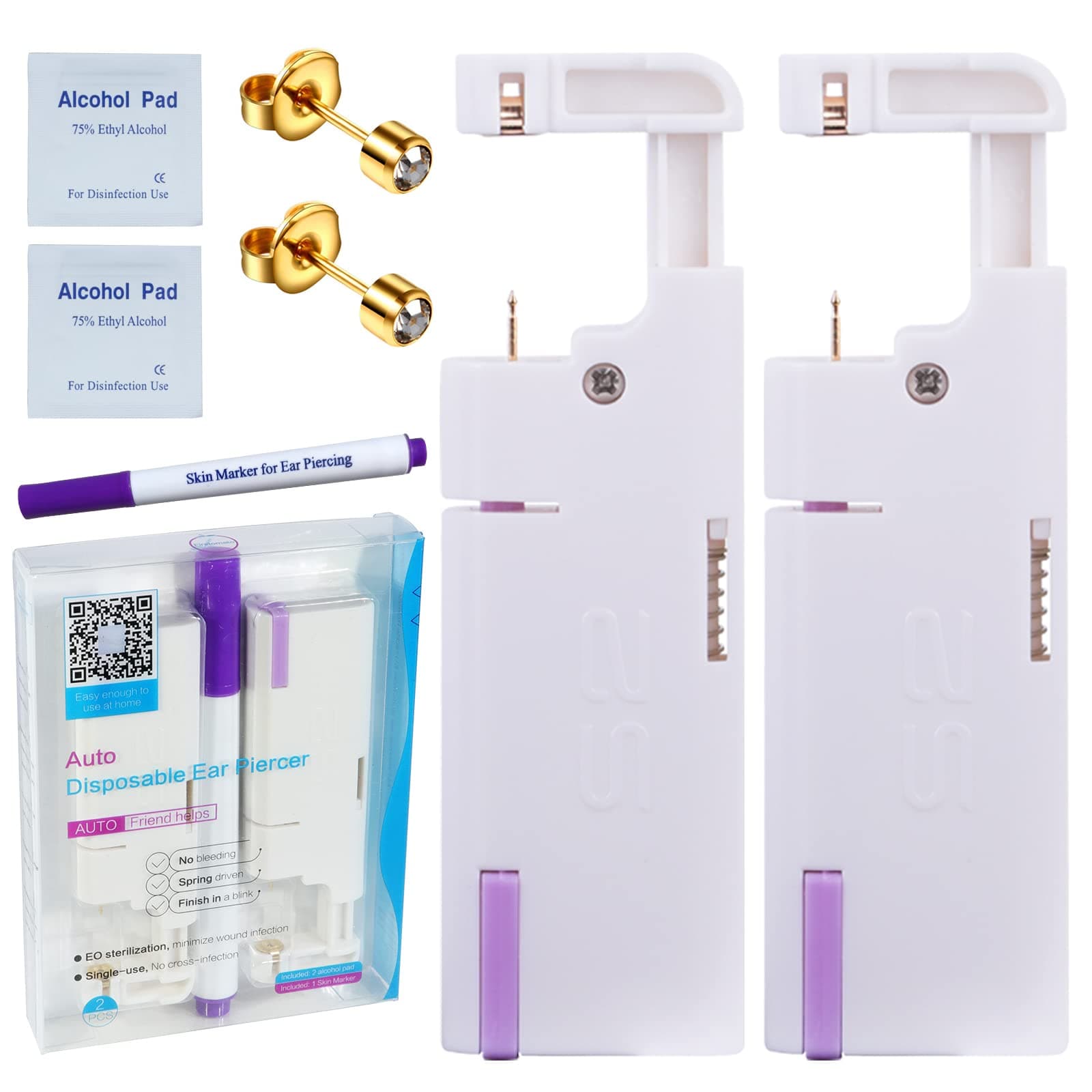 Firstomato 2PCS Disposable Ear Piercing Kit Ear Piercing Gun Self Use Ear Piercings Kit Cartilage Piercing Gun with Hypoallergenic Earrings(3mm,24kt Gold)