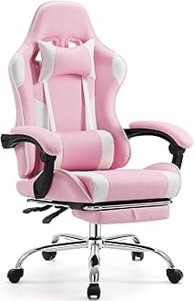 Sweetcrispy Video Game Chair - Ergonomic Lumbar Support Computer Desk with Footrest,Comfy PU Leather Recliner with Headrest, Fixed Up Armrest, Height Adjustable with 360° Swivel, for Adults, Pink