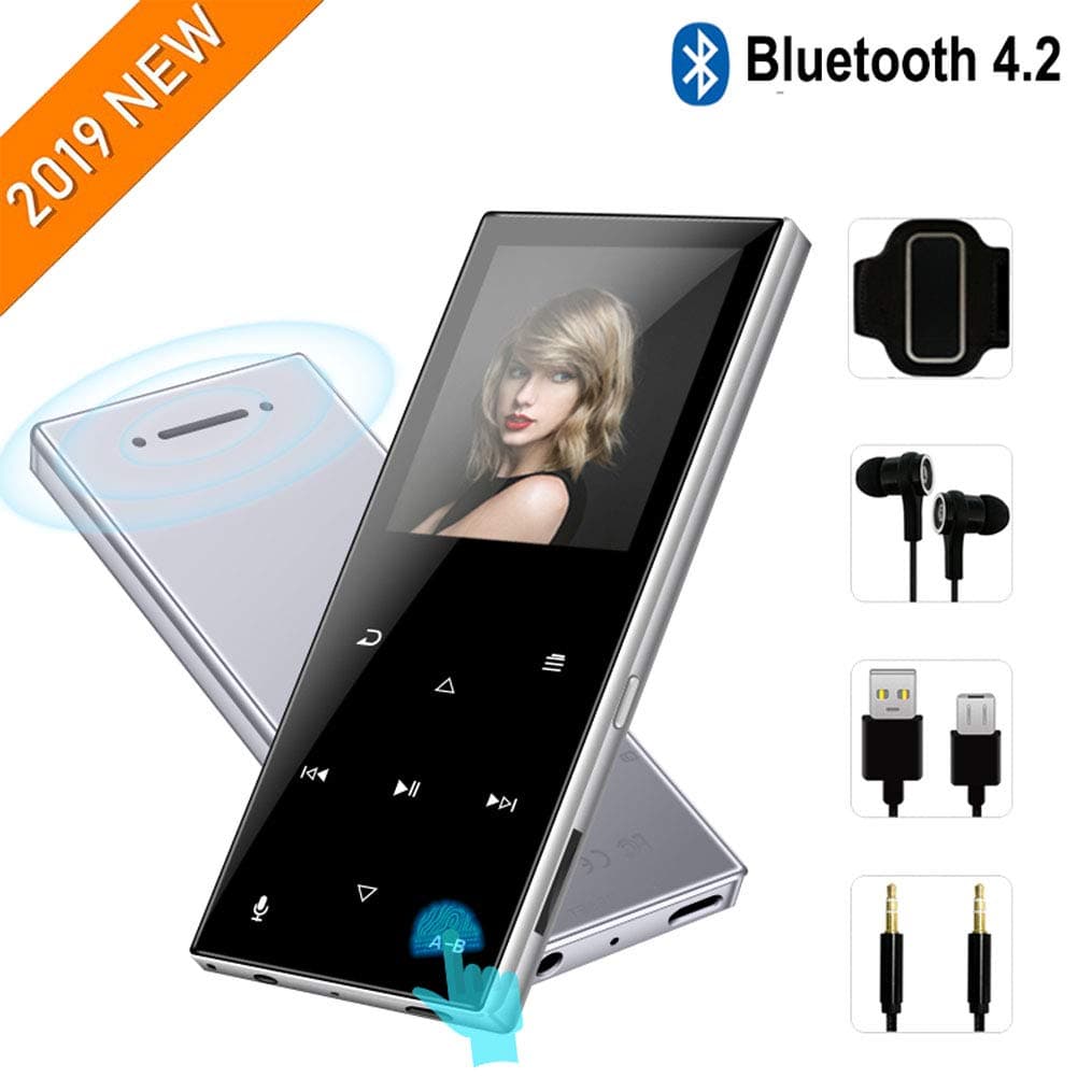 MP3 Player with Bluetooth 4.2—2019 New Updated Model,Hifi Lossless Mp3 Player with Touch Buttons,62 Hours Playback,Support Up to 128GB,Built-in Speaker, FM Radio,Pedometer,Recording, Silver