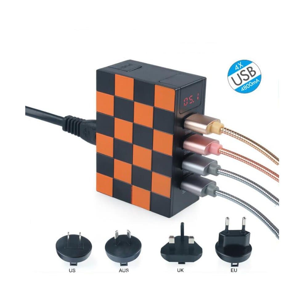 FunPay 4-Port Multiple USB Charger with Detachable US EU UK AU Adapter Plug for Travel (Black+Orange)