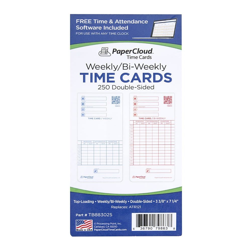 PaperCloud Time Cards, Weekly, Bi-Weekly, Double Sided, compares with ATR121, 3.375 x 7.25", 250 Count. Includes Free Software