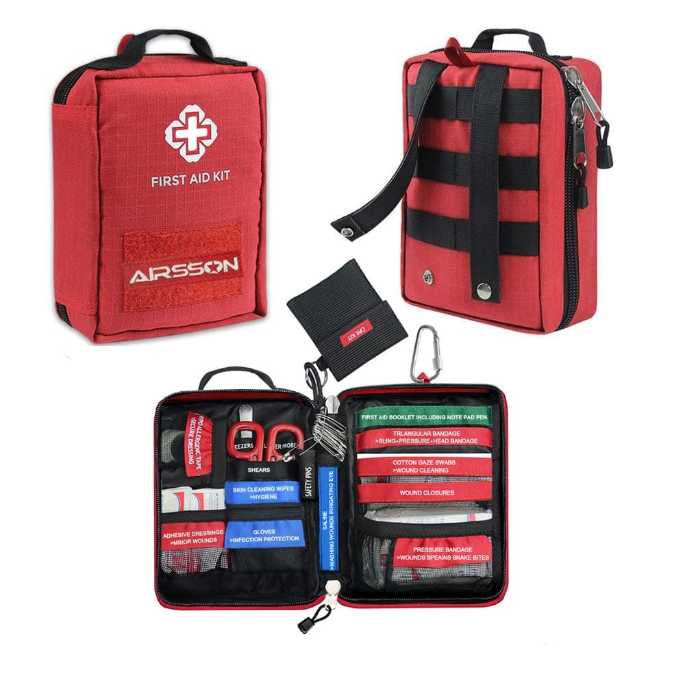 AIRSSON First Aid Kit Bag Molle Emergency Compact Pouch -Includes Shears, Bandages, CPR Kit Set and Extra Patch and a Carabiner for Home School Office Car Caravan or Travel