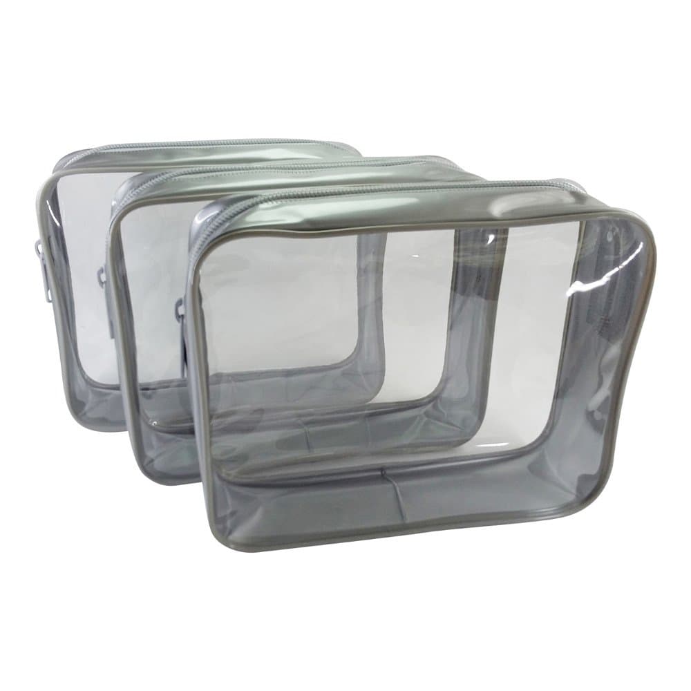 3 Pack Clear Cosmetic Bag Medium Size Travel Case Waterproof Zipper Toiletry Organizer - Silver