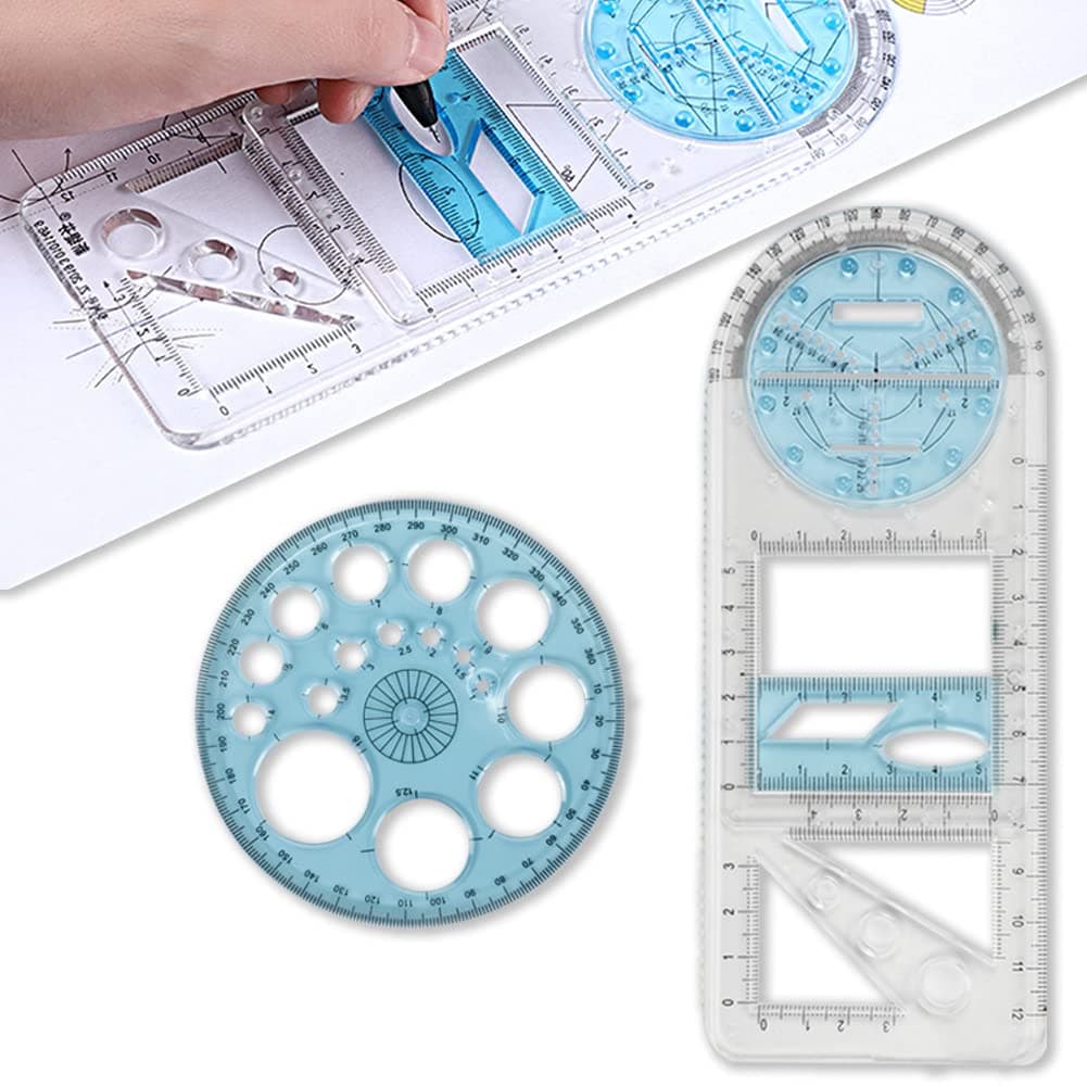 Comemela 2 Pcs New Upgraded Multifunctional Geometric Ruler Drawing Template Measuring Plastic Draft Rulers Graphic Design Tools for Architecture Designing, Students and School Office Supplies