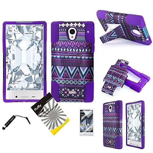 3 items Combo: ITUFFY(TM) LCD Screen Protector Film + Stylus Pen + 2 tone Design Dual Layer KickStand Tuff Impact Armor Hybrid Soft Rubber Silicone Cover Hard Snap On Plastic Case for (Sprint, Virgin Mobile, Boost Mobile) Sharp Aquos Crystal 306SH (5.0" inch Screen Size) (Purple Aztec Tribal Flower - Purple)