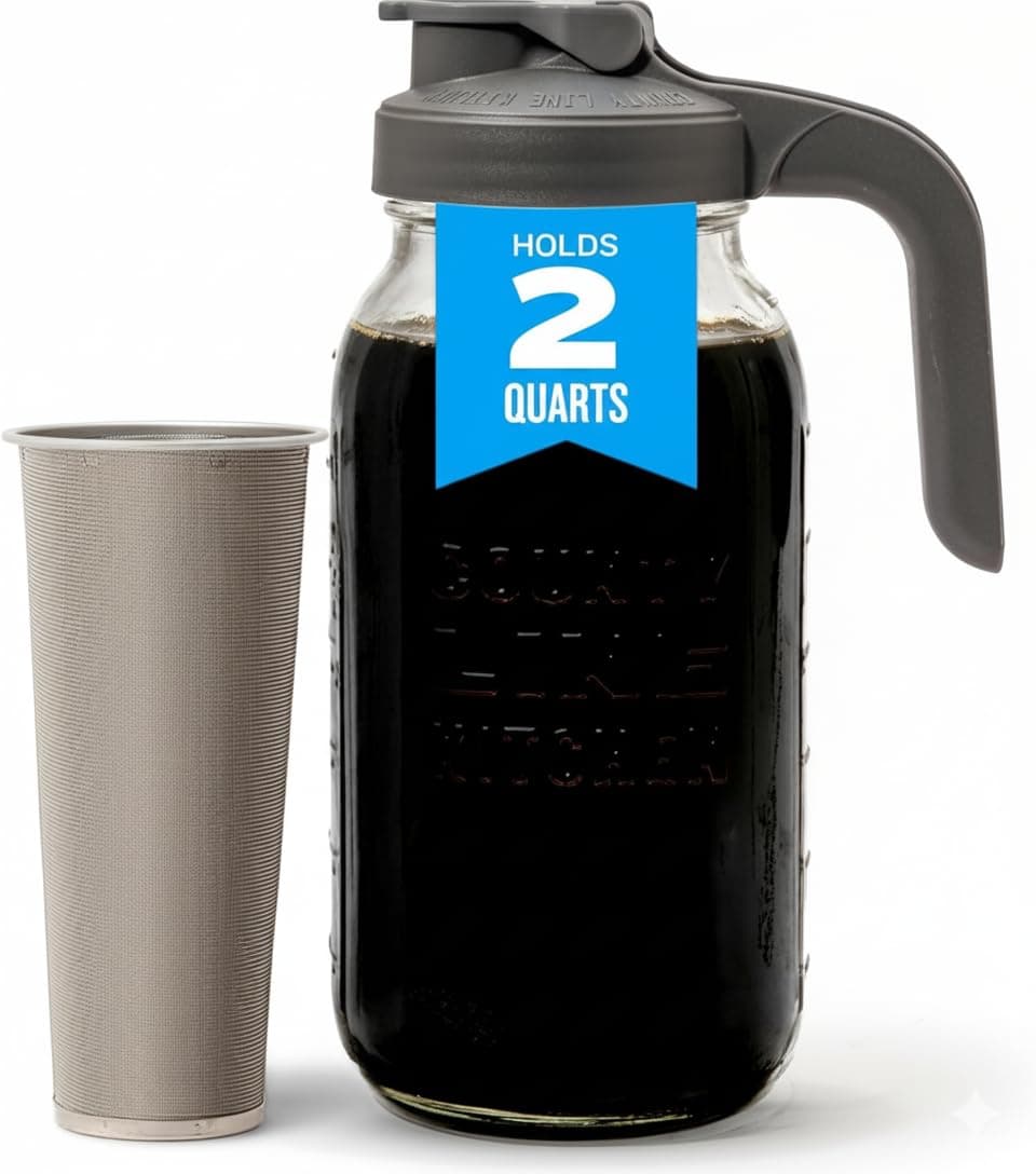 Cold Brew Mason Jar Coffee Maker with Handle by County Line Kitchen - 2 Quart, 64 oz – Durable Glass Jar, Heavy Duty Stainless Steel Filter, Flip Cap Lid With Handle For Easy Pouring