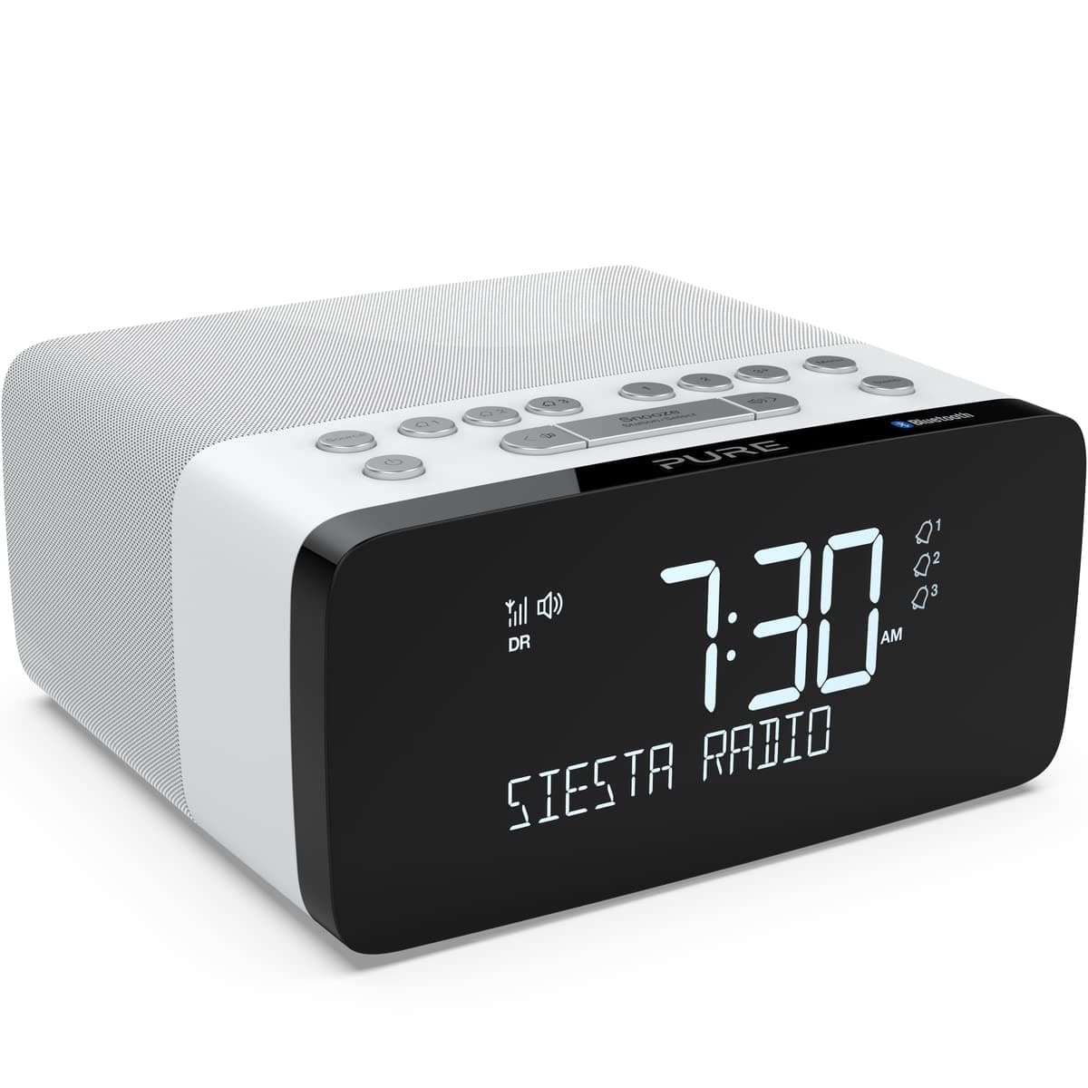 PureSiesta Charge Bluetooth Alarm Clock Digital with Charging Pad (DAB/DAB+ Digital and FM Radio Alarm Clock, Bluetooth, USB, Wireless Mobile Phone Charging Station, 40 Station Memory Slots, AUX, USB