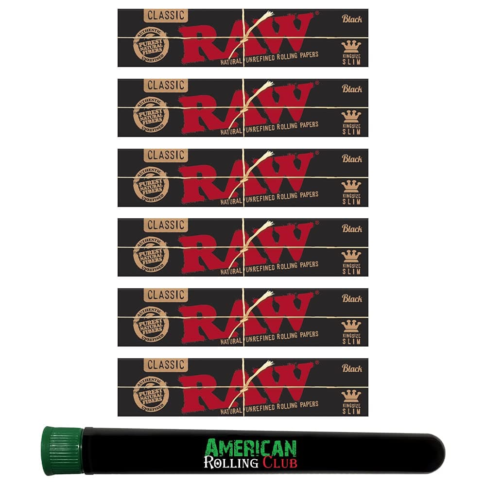 RAW Black Rolling Papers King Size Slim Classic (6 Packs) With American Rolling Club Tube