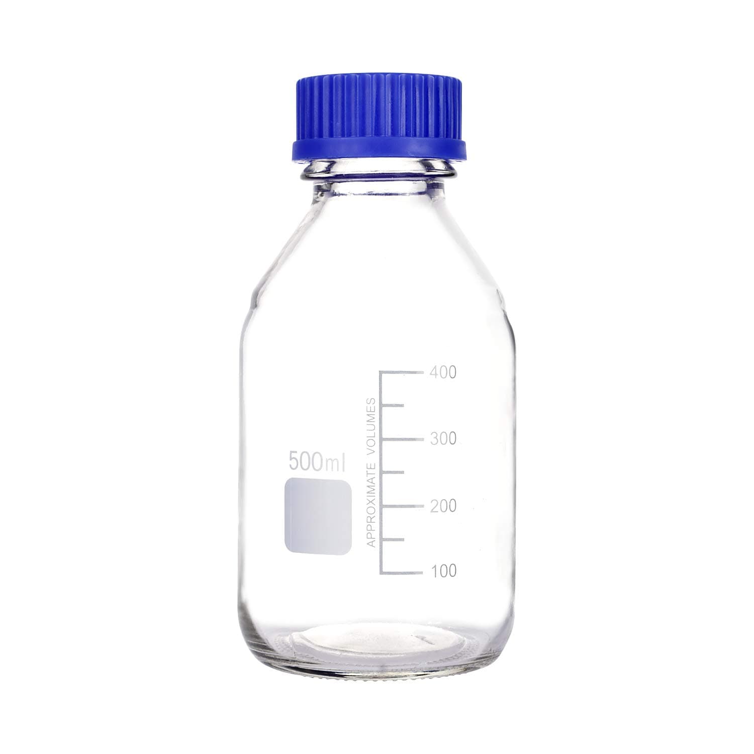 Pastein 8 Pieces 500 mL Graduated Round Reagent Media/Storage Glass Bottle With GL45 Blue Polypropylene Screw Cap