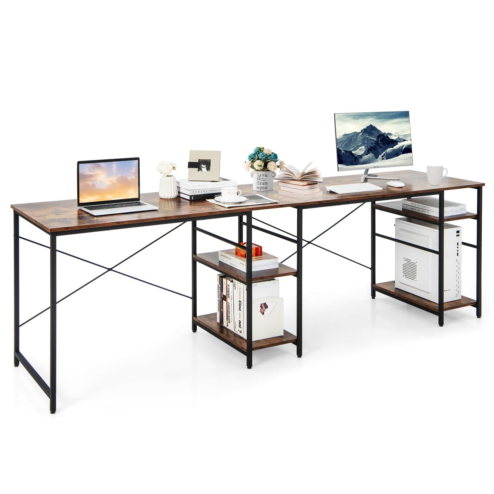 GLOBALWAY L-Shaped Home Office Desk, Corner Computer Desk w/Monitor Stand, Reversible PC Desk w/Heavy-Duty Metal Frame, Long Office Desk for 2 Person, Space-Saving Design (Rustic Brown)
