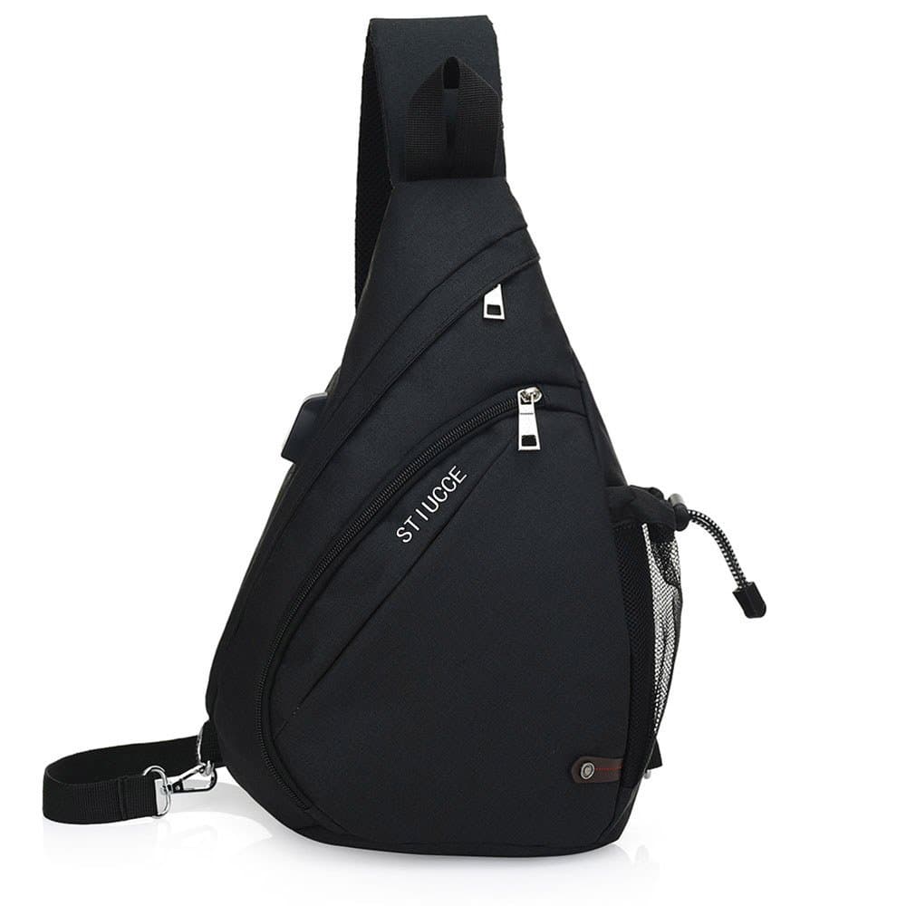 Outdoor Daily Crossbody Backpack With USB Charging Port.Triangular Sling Chest Pack(501) (black)