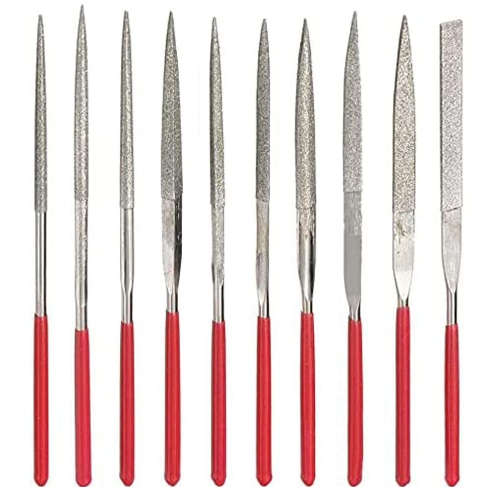 Mesee 10 Pieces Mini Diamond Needle File Set 150 Grit Micro Round Needle File Triangular Square Flat Riffler File Precision Hand Tool Kit for Metal Wood Ceramic Jewelry Carving, 100mm x 2mm