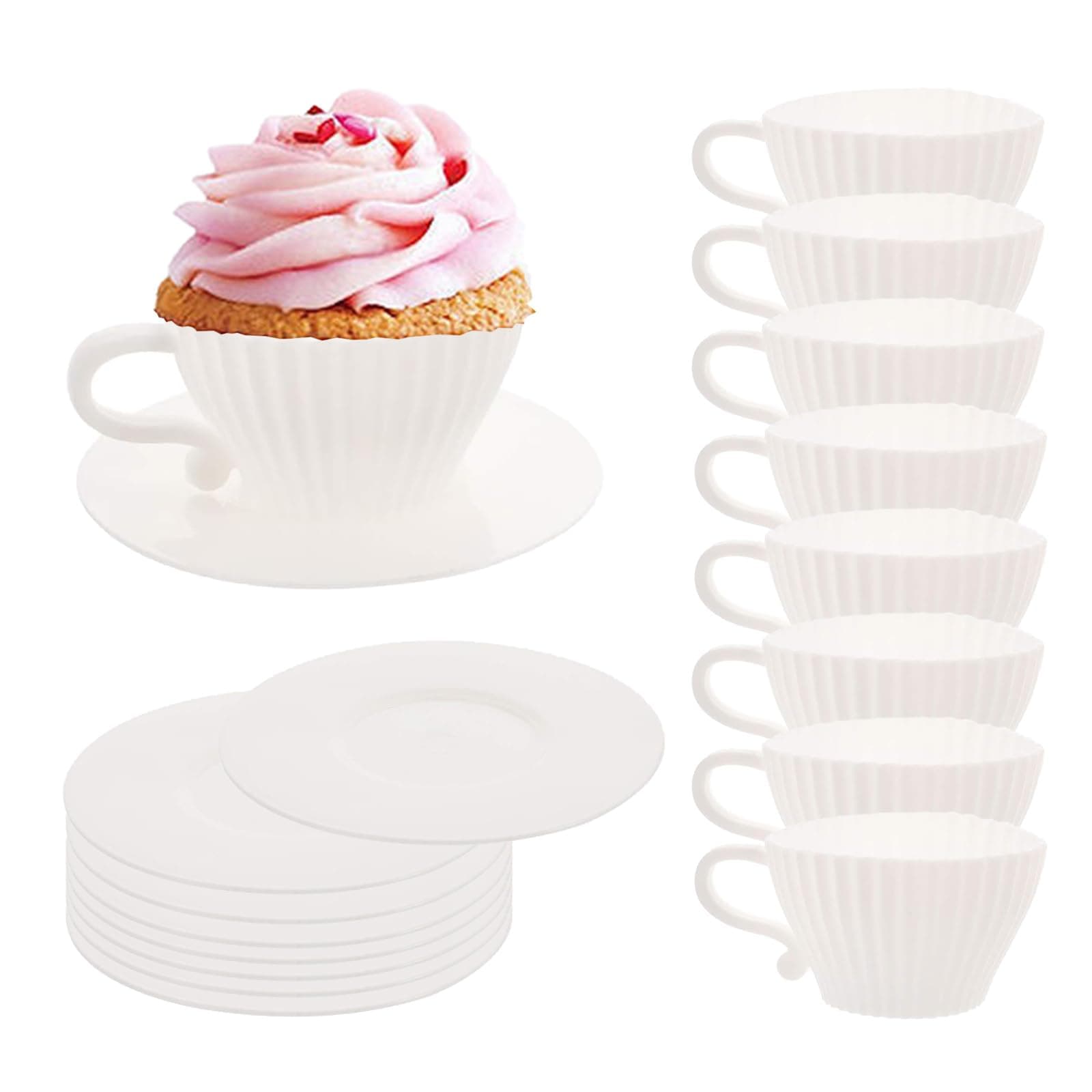 Silicone Muffin Cups for Baking, 16 Pcs Teacup Cupcake Liners, Reusable Muffin Liners, Silicone Cupcake Baking Cups, 8 Cups & 8 Saucers, White