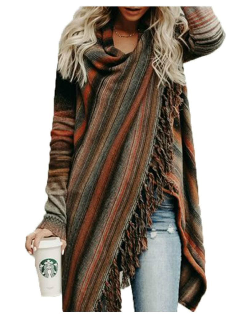 Womens Long Sleeve Cardigans Wrap Single Button Tassel Asymmetrical Hem Shawl Coat Brown