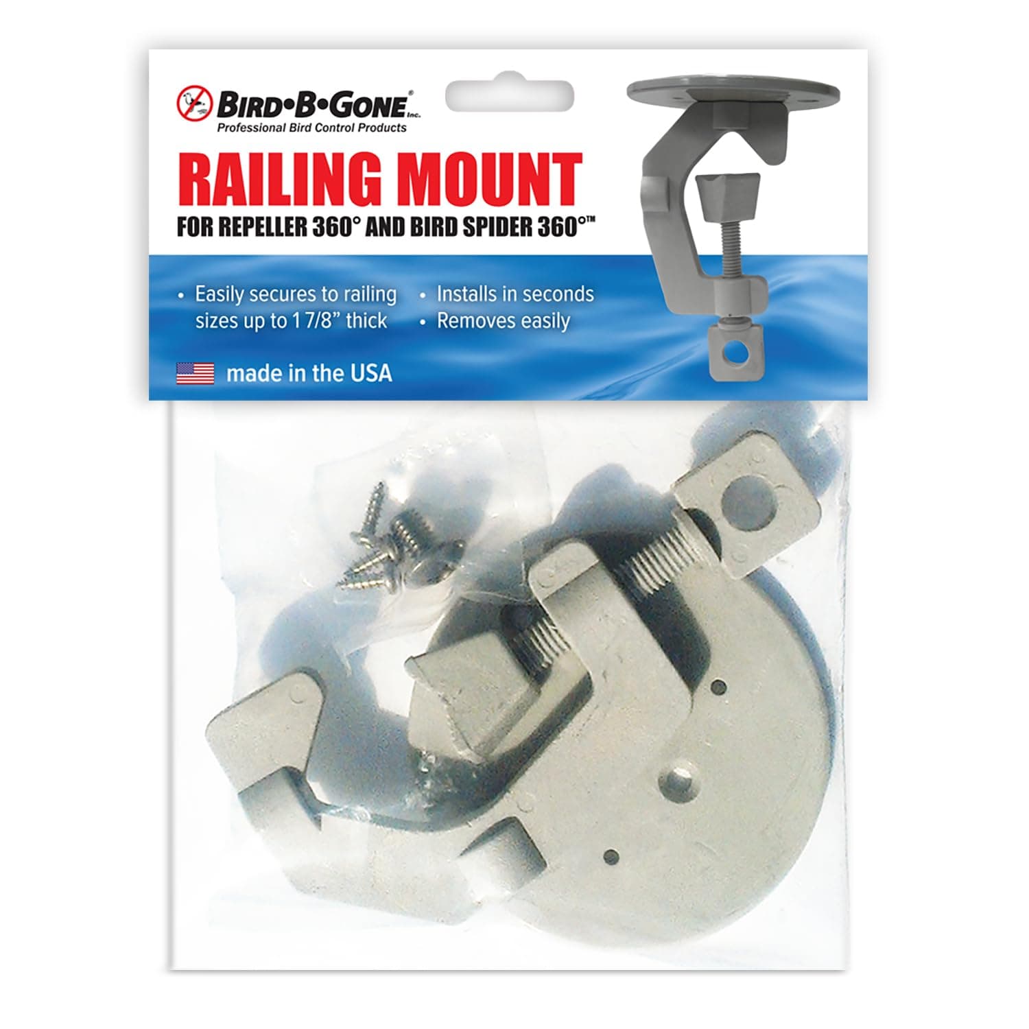 Bird B Gone - Railing Mount - Adjustable Clamp-On Design for Bird Spider 360 & Repeller 360 - Fits Rails up to 1-7/8" - for Boat Railings, Pole Fences, & More - Easily Removable - Hardware Included