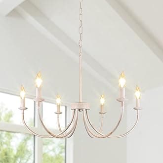 French Country Chandelier, 6-Light Antique White Farmhouse Chandelier for Dining Room Lighting Fixtures Hanging, Candle Hanging Pendant Lights for Kitchen Living Room Bedroom Foyer