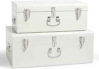 Storage Trunks, Set of 2 Cream Stainless Steel Storage Chests w/Silver Detailing, Stackable Bedroom Organisers w/Lockable Lids, Sturdy Multi-Purpose Bedding, Blanket & Toy Box