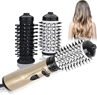 3-in-1 Hot Air Styler and Rotating Hair Dryer, Spin Hair Dryer Brush with 2 Interchangeable Brush, Anti-frizz Hot Air Spin Brush Set for Straightening, Drying, and Curling (Gold)