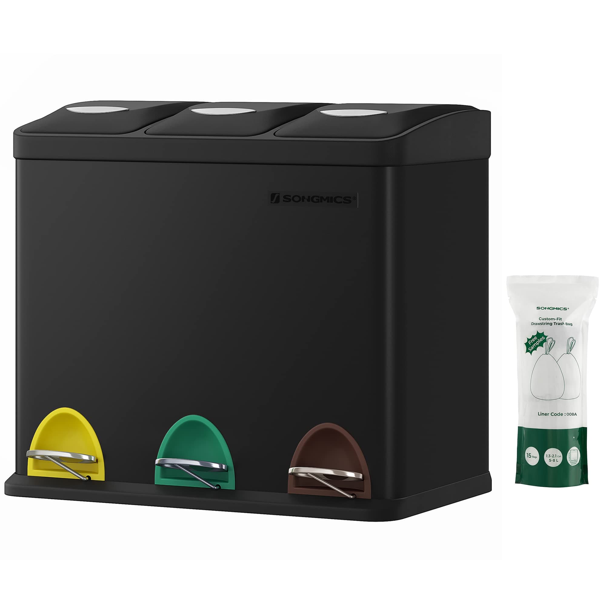 SONGMICS LTB24BK 3 x 8L Small Volume Kitchen Waste Bin with Lids Triple Steel Bin for Small Families Pedals and Buckets Easy to Clean Black LTB24BK