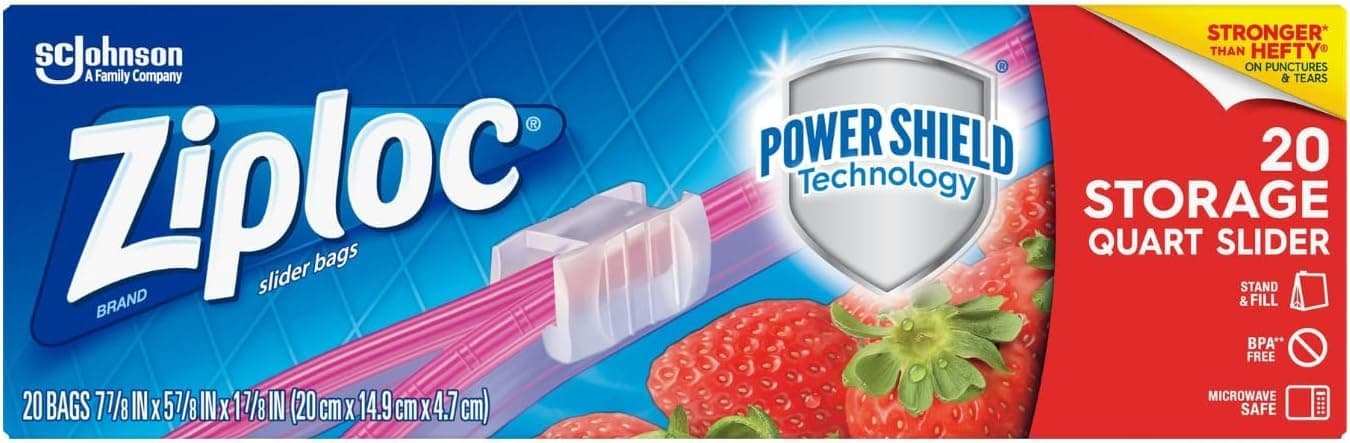 Ziploc Seal Top Storage Quart 20 Bags, Power Shield Technology, Microwave Safe, Grip'n Seal Technology