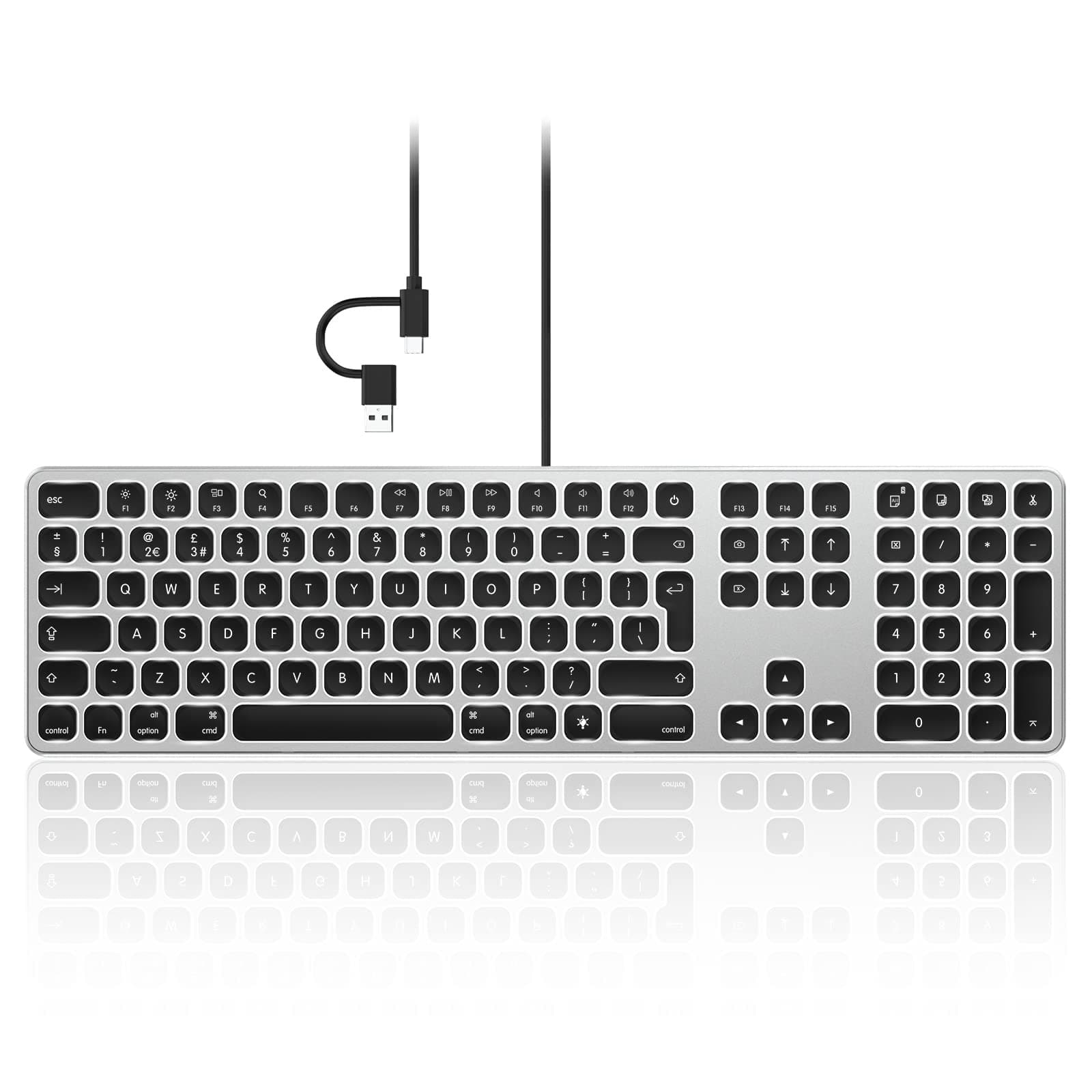 Seenda Wired Backlit Keyboard for Mac OS, Full-size Slim Keyboard with USB A and Type C 2-in-1 Connector Compatible with Apple iMac, MacBook Pro/Air, Mac Pro, Mac Mini, UK Mac Layout - Black and Grey