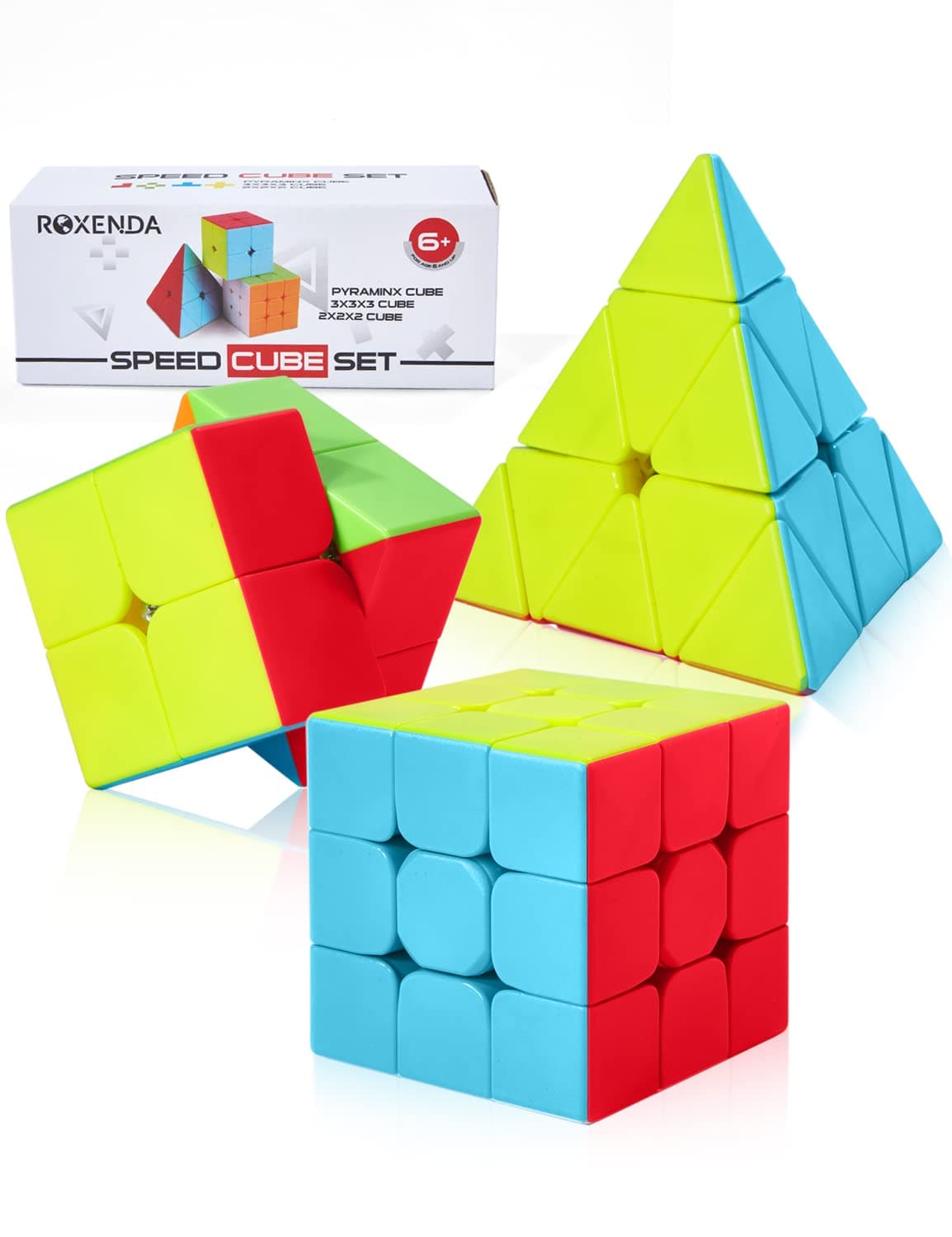 Roxenda Speed Cube Set, Stickerless Magic Cube Set of 2x2x2 3x3x3 Pyramid Frosted Puzzle Cube