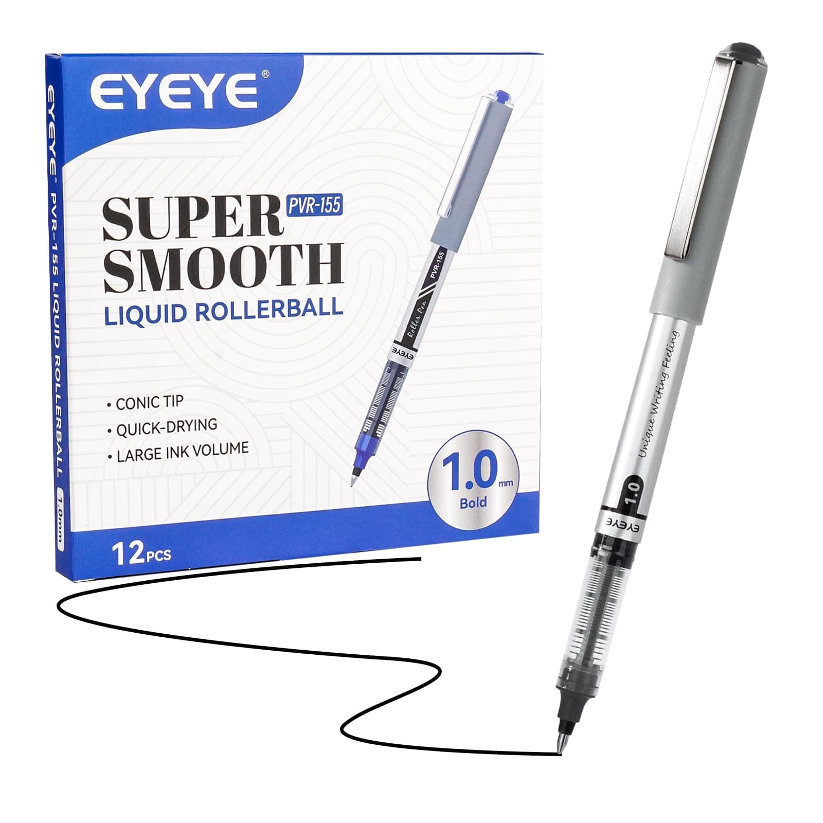 EYEYE Black Rollerball Pens 1.0mm 12 Pack, Roller Ball Pen Bold Point Quick Dry, Liquid Ink Pens Fine Point Smooth Writing Pen for Journaling, Note Taking, Office, School Supplies