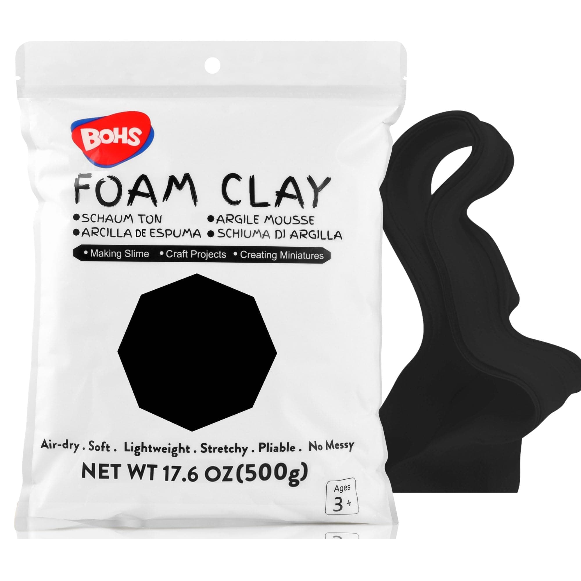 BOHS Black Modeling Foam Clay - 1.1 Lbs, Air Dry,Crack-Free,Non-staining -for Figures & Sculptures,Cosplay, Kids Education, Slime Add-ins, 500g
