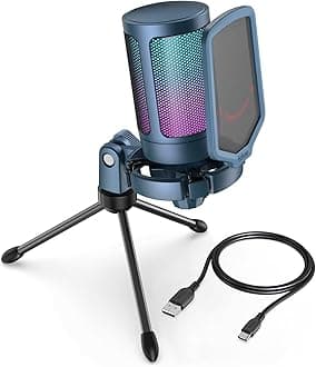 A6V Gaming Streaming USB PC Microphone for Mac OS/Windows, AmpliGame Condenser Cardioid Mic with RGB for Video Vocal Recording Twitch Discord, Gamer Computer Mic-Blue
