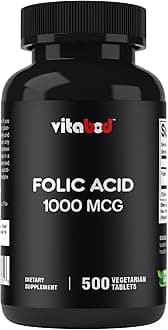 Vitabod Folic Acid 1 mg (1000 mcg) (Vitamin B9) - 500 Vegetarian Tablets - an Essential Prenatal and Postnatal Vitamin
